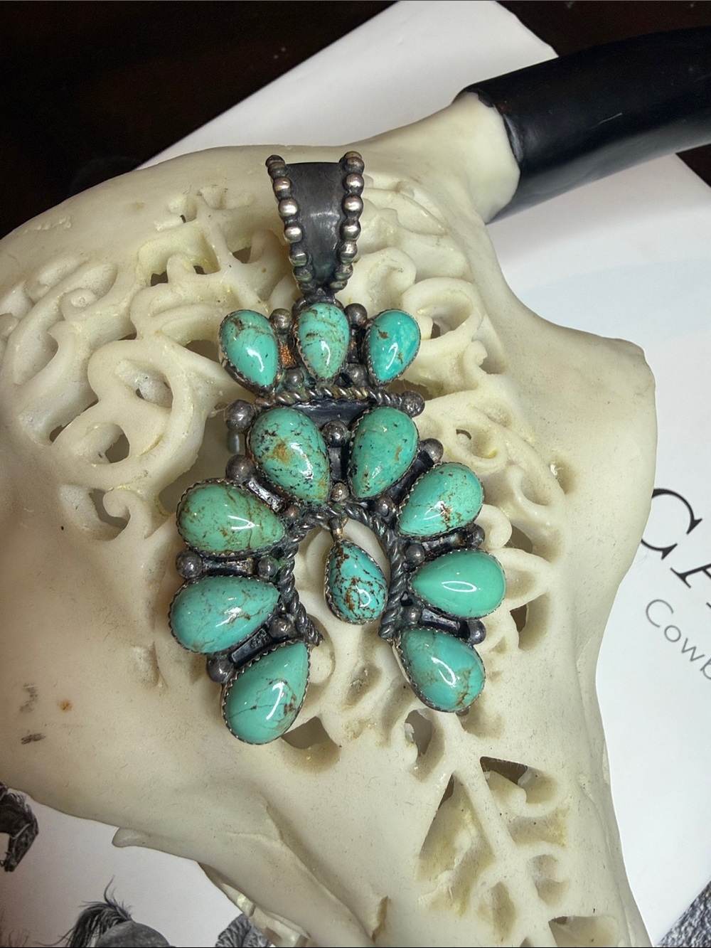 Turquoise Teardrop Cluster Pendant Necklace Stamped Brian J Tsosie 9.25